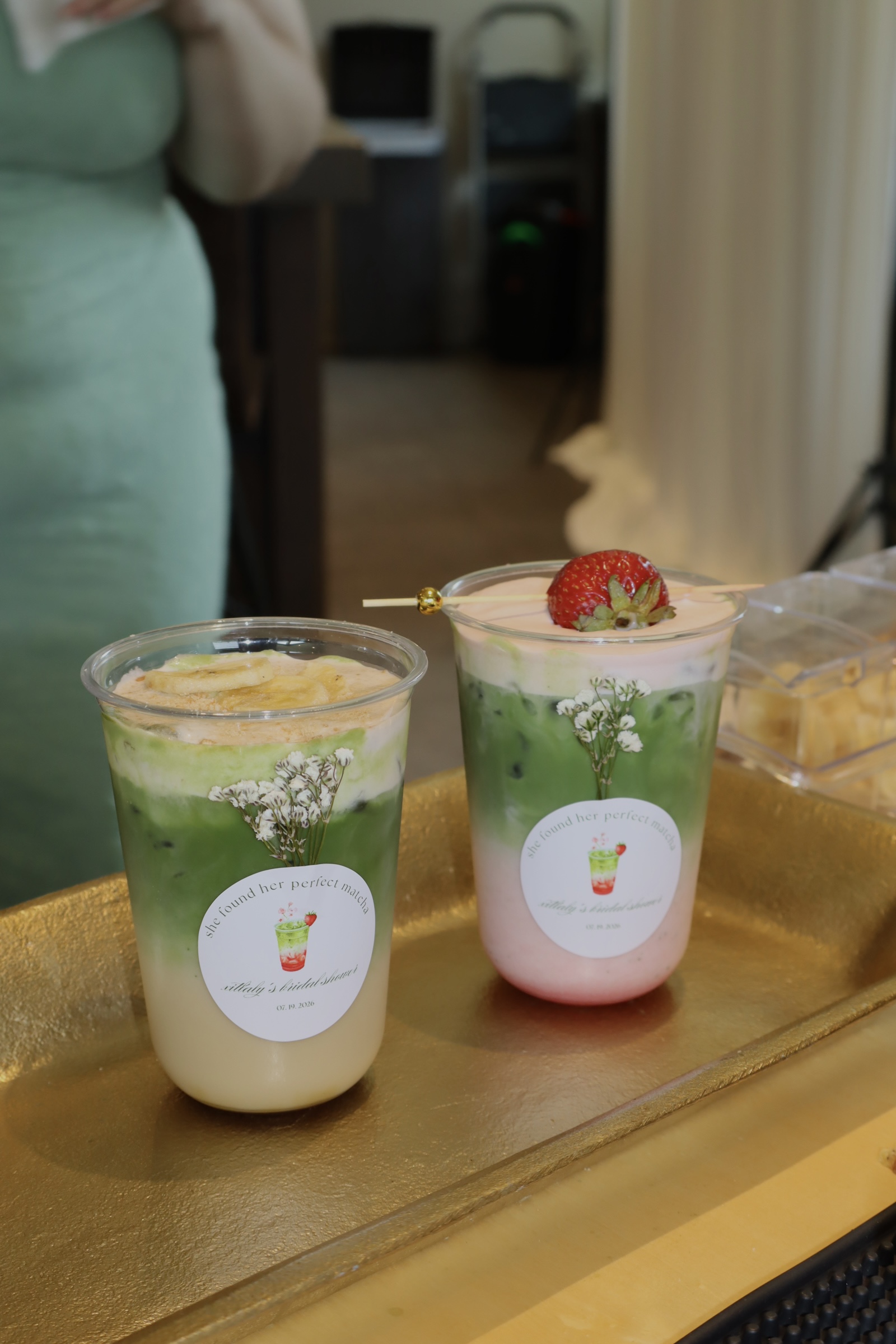 Matcha drinks garnished with fresh flowers